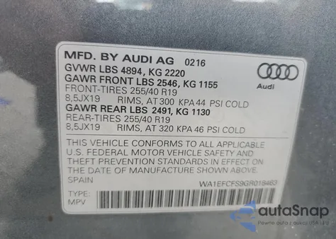 2016 Audi Q3 Premium Plus z USA, uszkodzony, nr VIN WA1EFCFS9GR018463